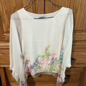 3/4 Sleeve Sheer Top with Flowered Trim S